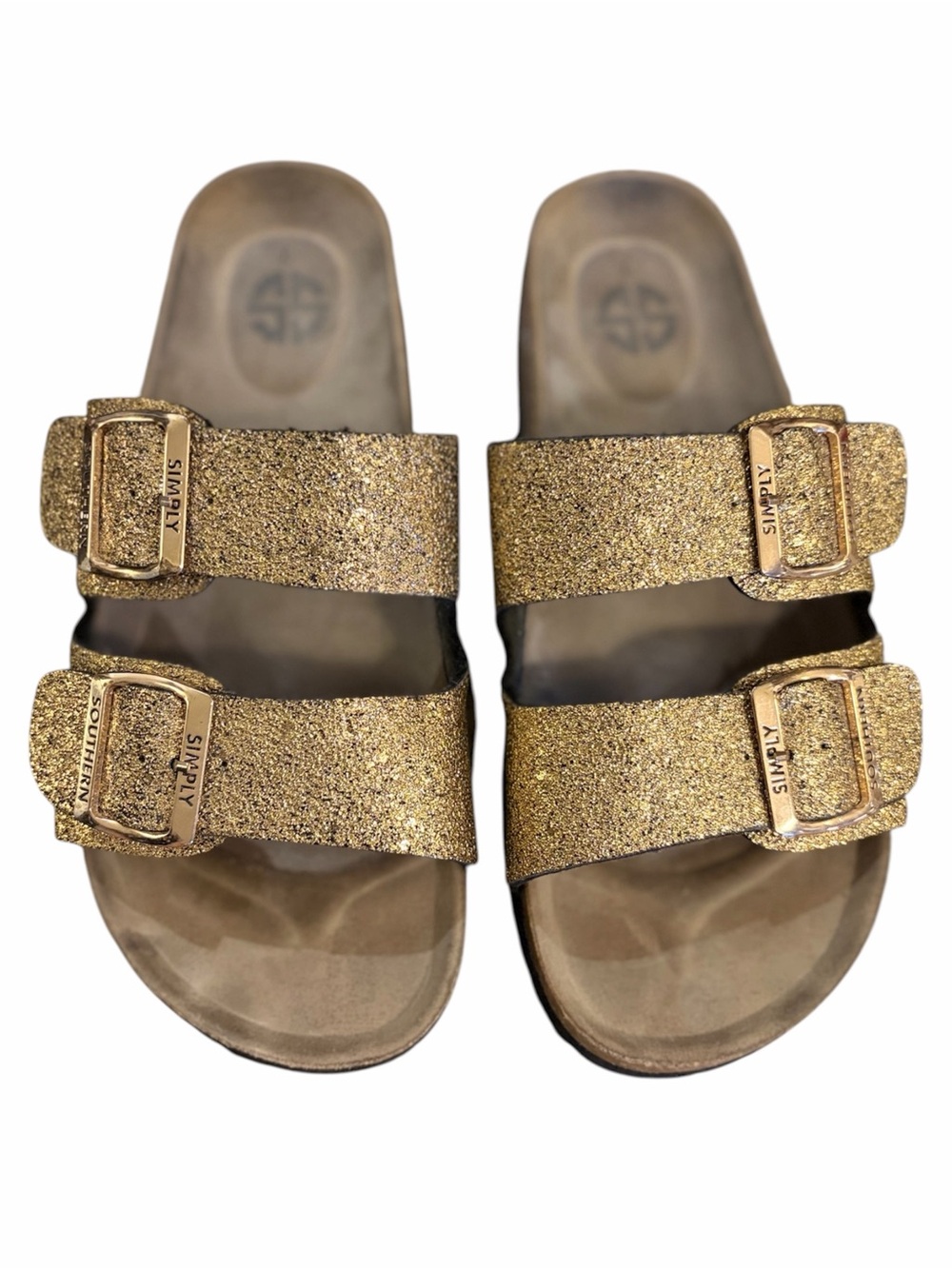 Simply Sourhern Gold Glitter Double-Buckle Slide Sandals Size 7